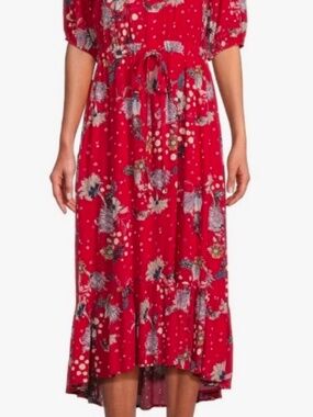 Nurture by Westbound Dress Women's S Floral Midi Red Boho High-Low Ruffle V-Neck